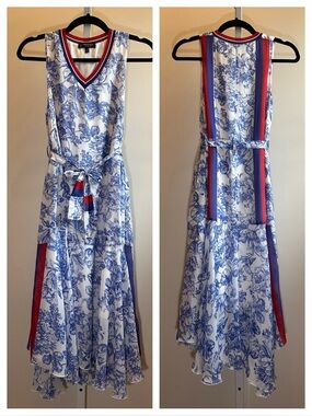 Tricot Chic Italy Floral Toile Print Stripe Lined Midi Dress Size 6